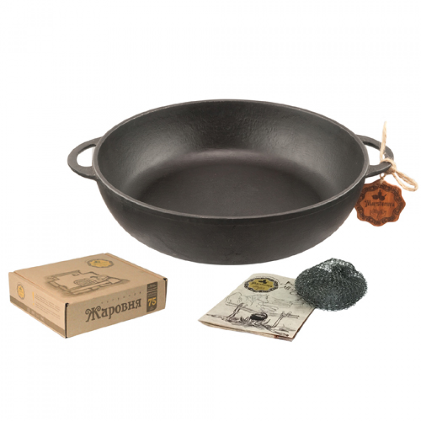 Жаровня чугунная литая Maysternya Т104СЗП с ушками со стеклянной крышкой 28х6 см (1645678914)