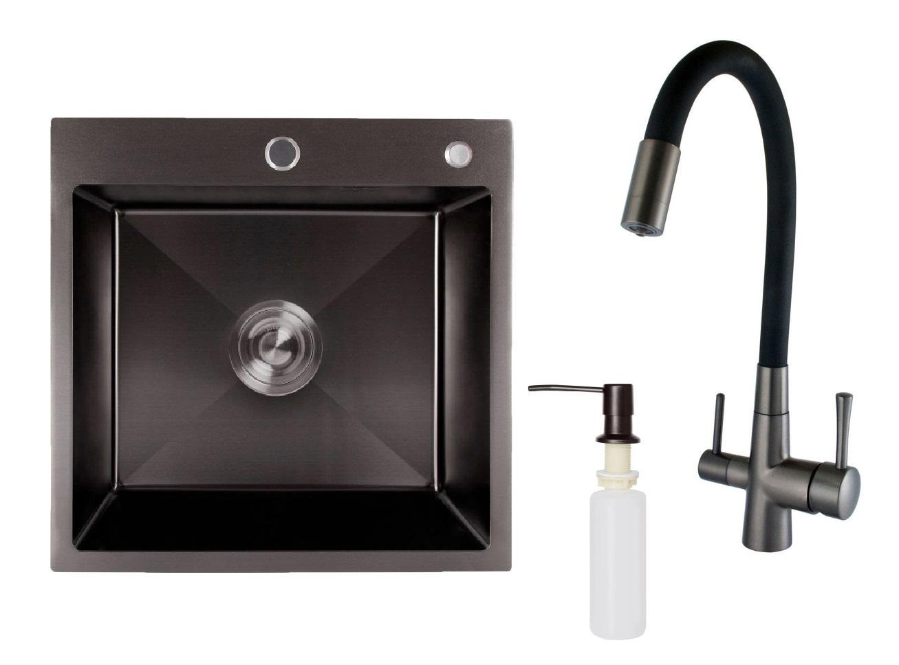 Мийка для кухні з нержавіючої сталі 50/50 Lidz із гнучким змішувачем під фільтр/осмос та дозатором Чорний/Графіт Мийка для кухні з нержавіючої сталі 50/50 Lidz із гнучким змішувачем під фільтр/осмос та дозатором Чорний/Графіт