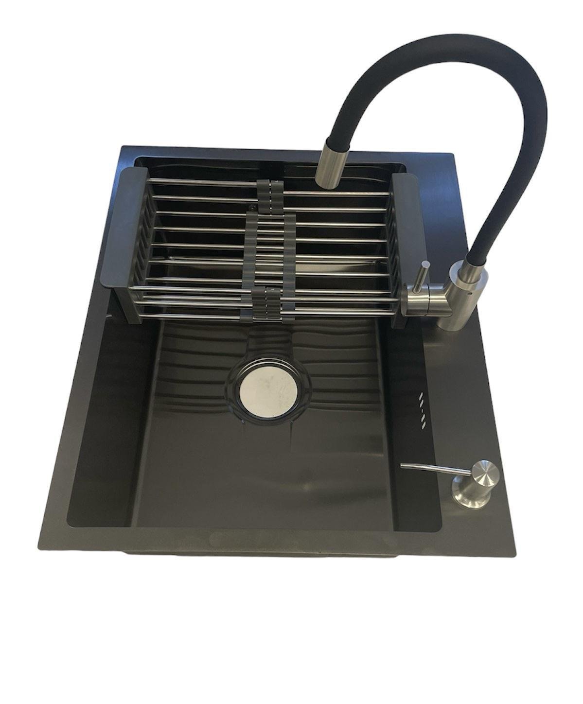 Мойка кухонная Kroner PVD 5843 и смеситель для кухни с гибким изливом Черный