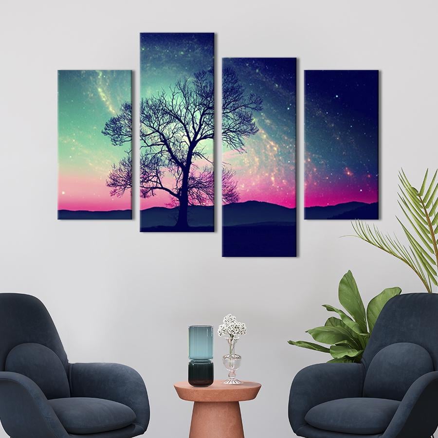 Модульная картина из четырех частей на холсте интерьерная картина Высокое дерево на фоне звёзд 89x56 см (591-42)