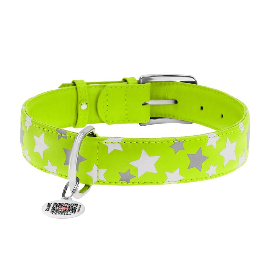 Ошейник для собак с QR-паспортом Waudog Glamour Звездочка кожаный светящийся/светоотражающий XL 35 мм 46-60 см Green (35885) - фото 2 Ошейник для собак с QR-паспортом Waudog Glamour Звездочка кожаный светящийся/светоотражающий XL 35 мм 46-60 см Green (35885) - фото 2