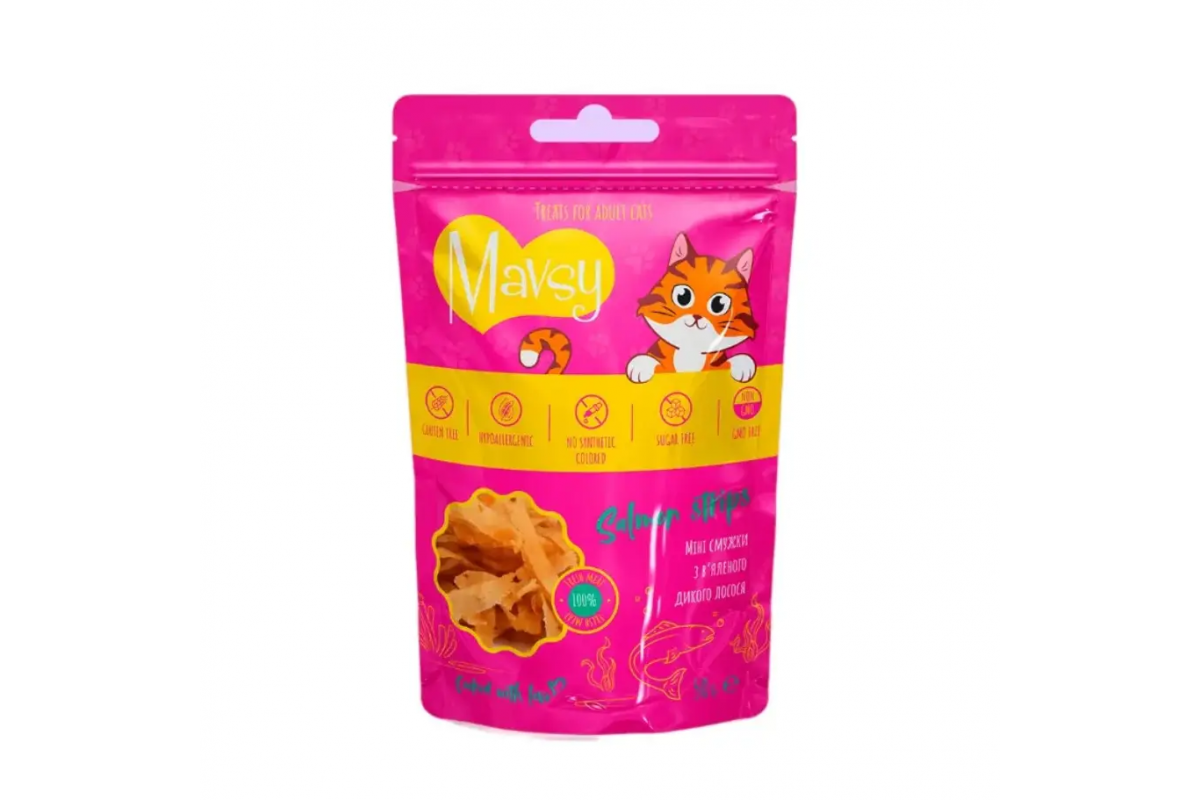 Ласощі для котів Mavsy Salmon strips for cats Міні смужки з в'яленого дикого лосося 50 г (13501991)