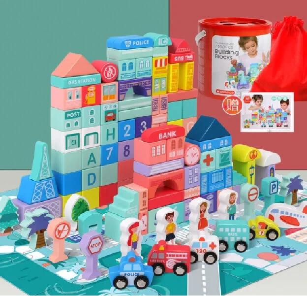 Конструктор деревянный фигурки/пазлы/игровое поле/чехол/сортер в ведре 108 дет. (с 65448)