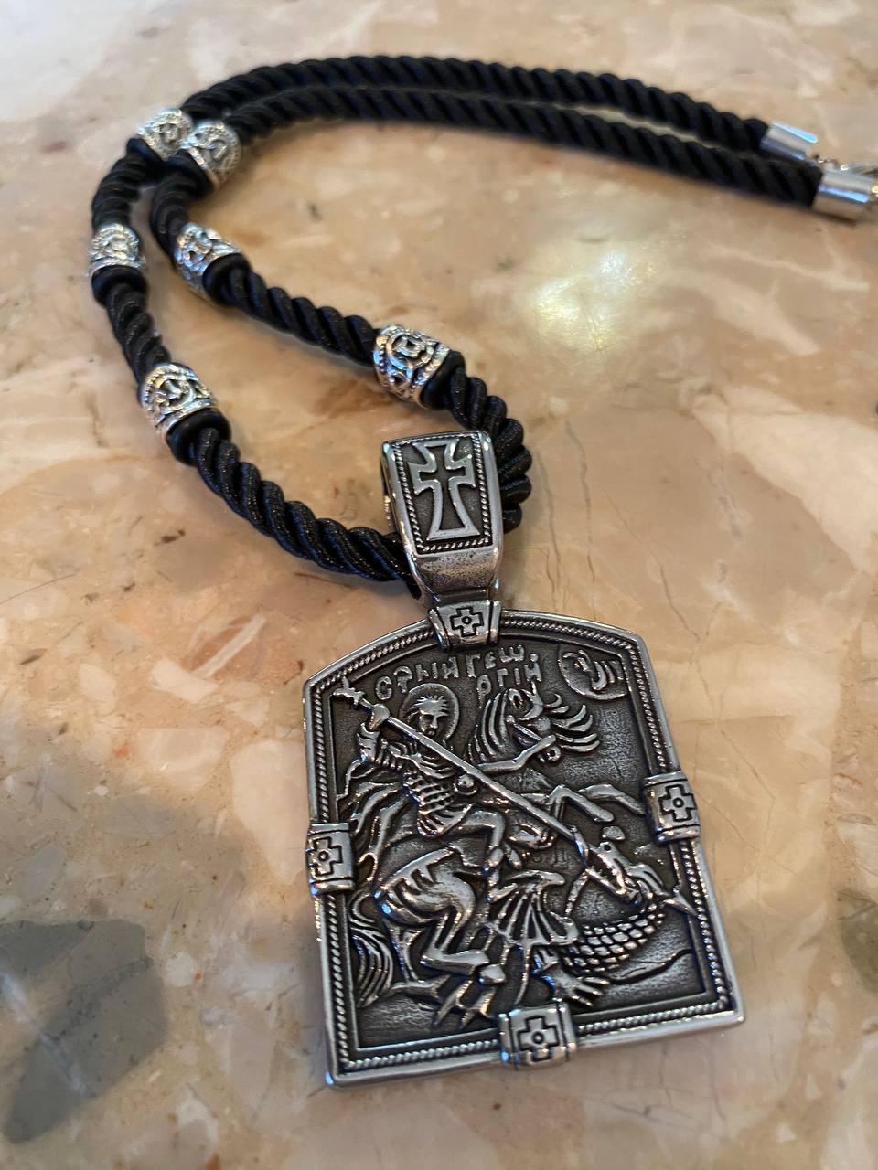 Колье оберег LITAURS на шелковом шнуре кулон двусторонний с молитвой Георгий победитель (250305) - фото 5