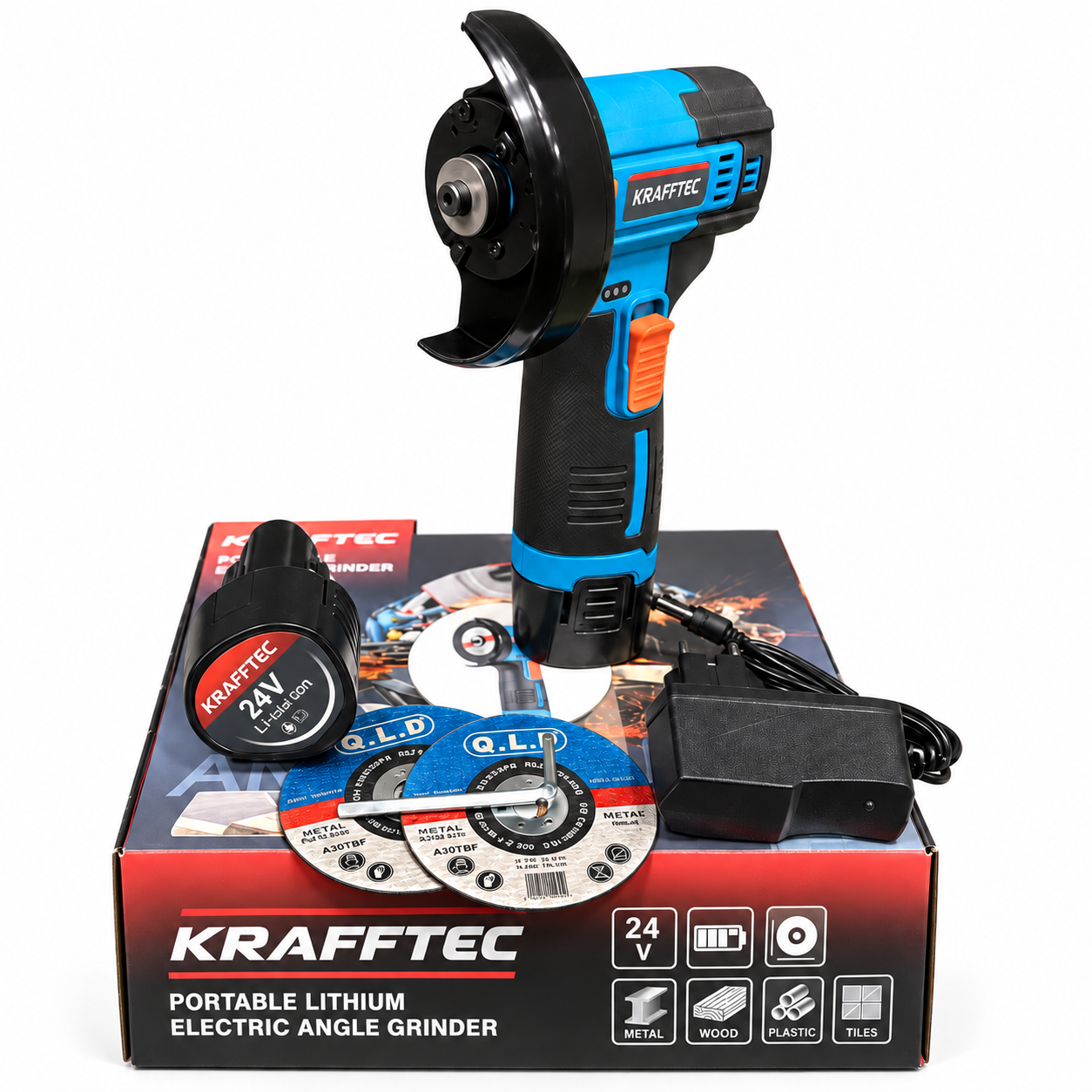 Болгарка бесщеточная аккумуляторная Krafftec с Li-Ion аккумулятором 24V/2Ah в кейсе 18500 об/мин (38187823)