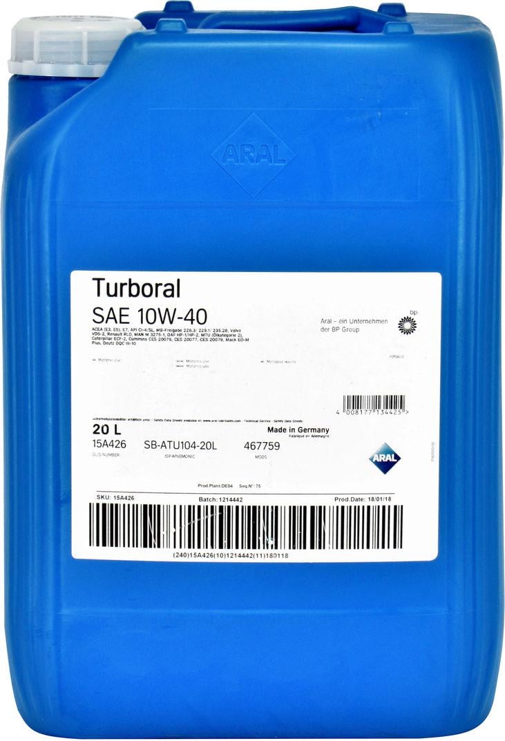 Моторное масло бензин/дизель ARAL Turboral 10W-40 20 л