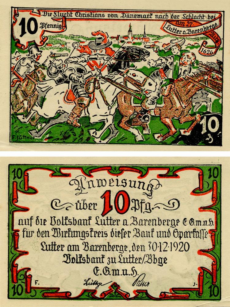 Коллекционная банкнота Германия Нотгельд 10 пфеннигов 1920 F-VF Луттер-ам-Баренберге (Б16203)