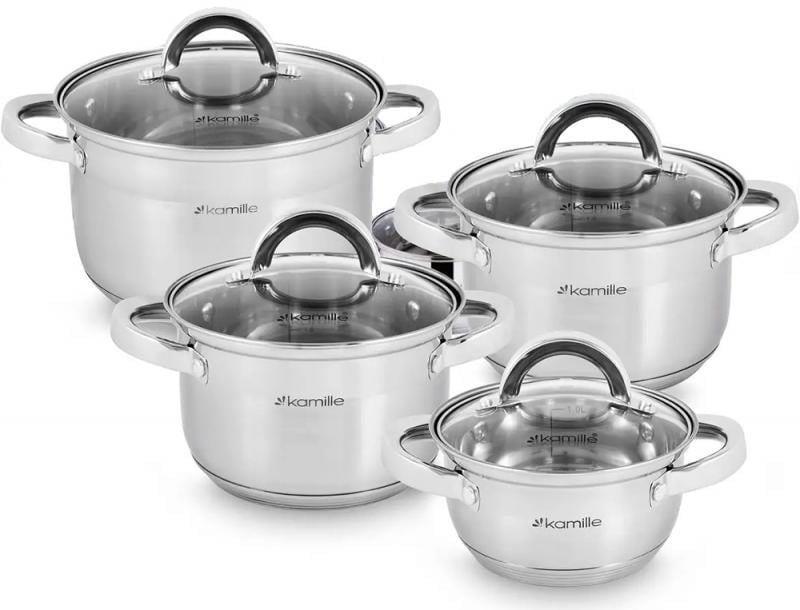 Набір каструль Kamille Madrid із нержавіючої сталі з мірною шкалою 1/1,8/2,5/3,8л