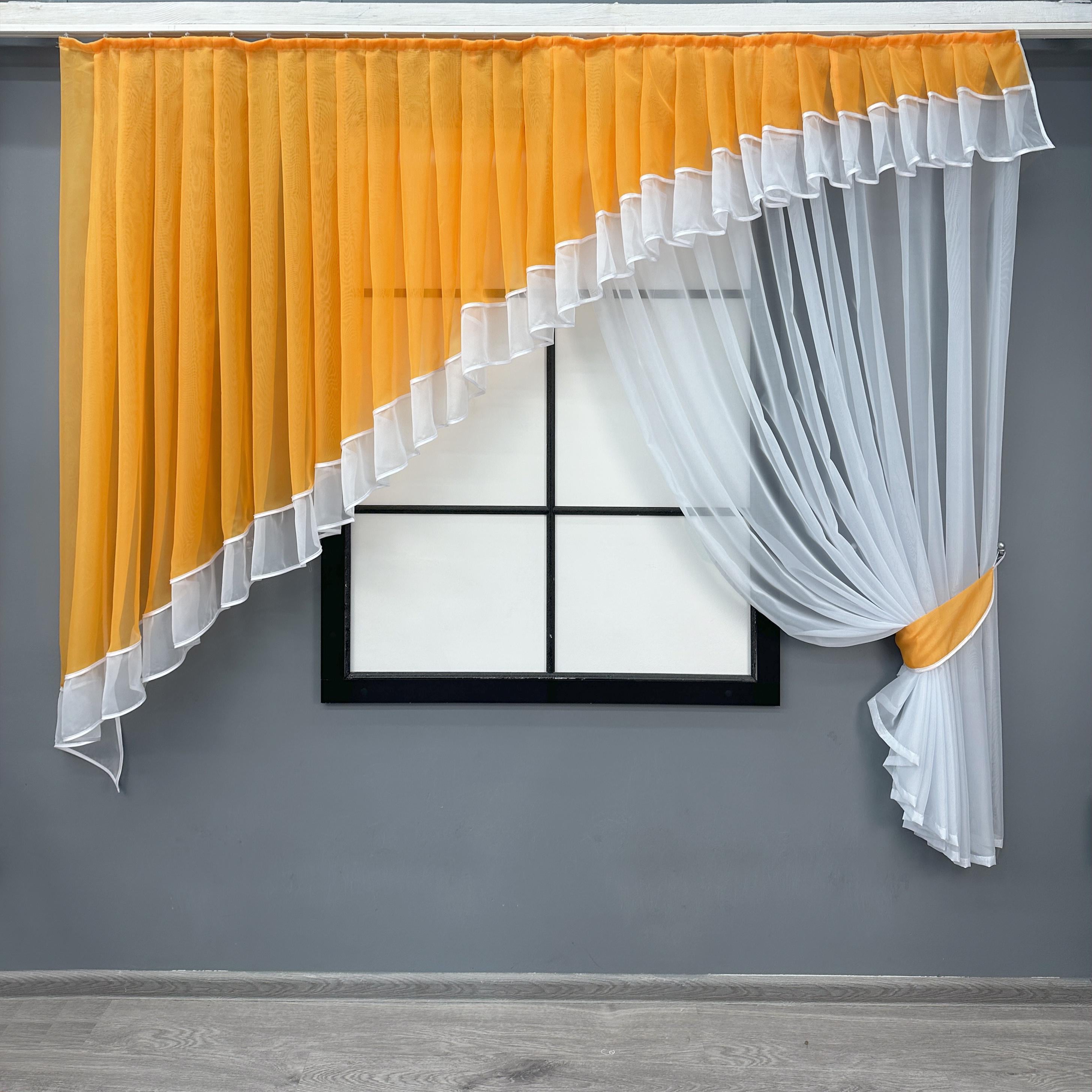 Комплект штор кухонный VR-Textil № 062к с ламбрекеном 200х170 см Оранжевый/Белый (52-1183)