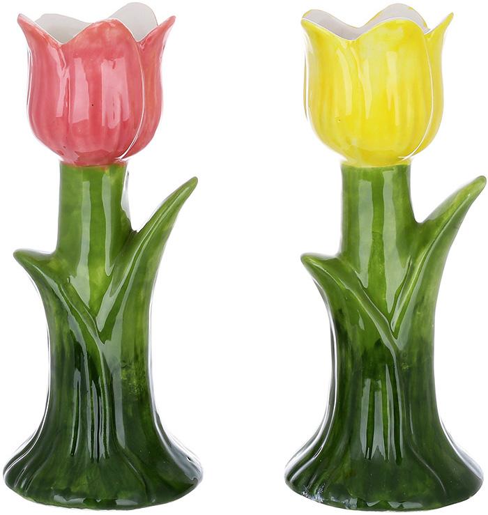 Набор керамических подсвечников тюльпан 2 шт. 17 см Розовый/желтый