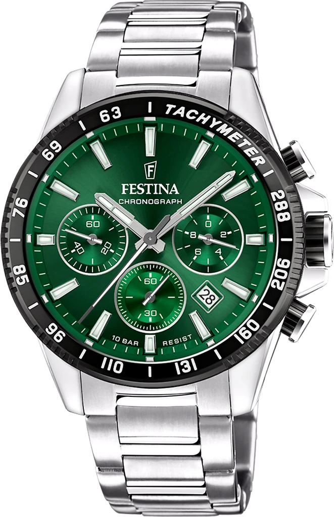 Наручные часы мужские Festina F20560/4 Timeless Chronograph со стальным корпусом WR 100 м и зеленым циферблатом Наручные часы мужские Festina F20560/4 Timeless Chronograph со стальным корпусом WR 100 м и зеленым циферблатом