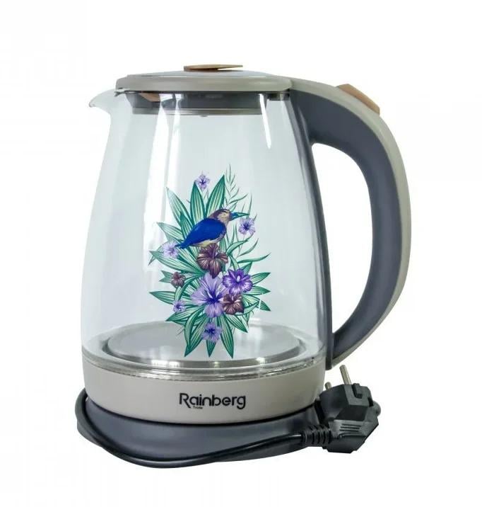 Електричний чайник Rainberg RB-998 скляний 2 л 2000W з квітковим принтом
