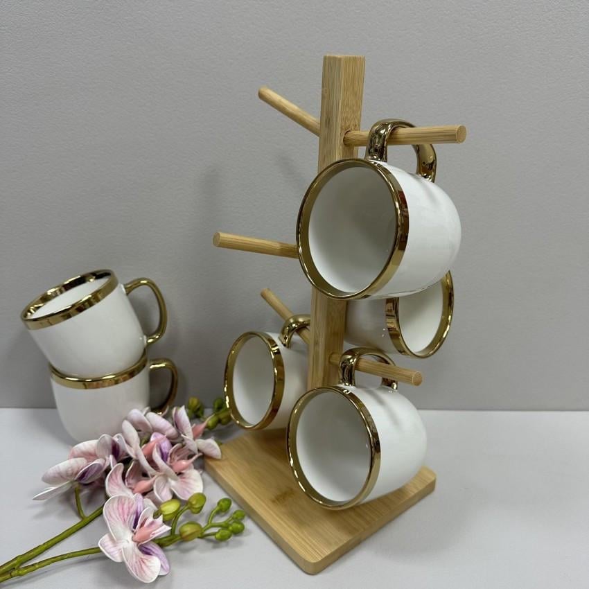 Набір порцелянових чашок на бамбуковій підставці Bona Di 905-221 Золота лінія 320 мл 6 шт. Білий - фото 3