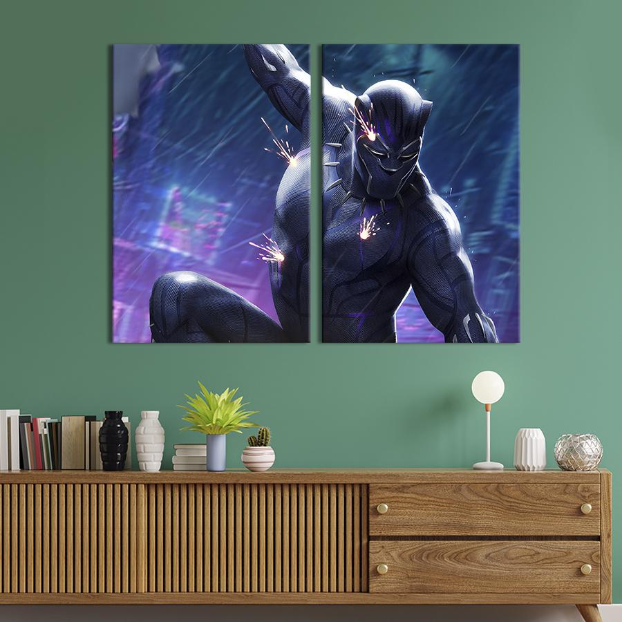Настенный декор диптих картина на холсте для интерьера Вибраниевый костюм Чёрной пантеры 71x51 см (691-2)