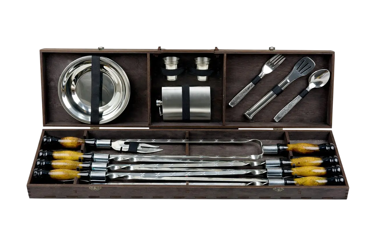 Набір шампурів GrillMaster Вуд NB-3008 подвійний шампур/тарілки/прибори нержавіюча сталь 3 мм 34 пр. (10-164-NB-3008)