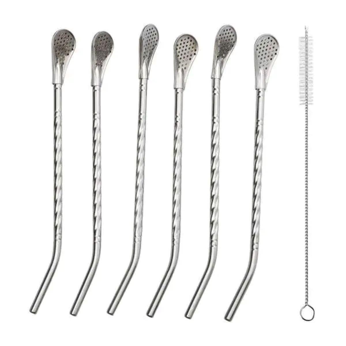 Набор многоразовых ложек-трубочек для напитков со щеткой для мытья из нержавеющей стали 6 шт. 19,5 см Серый (HP-20-54)