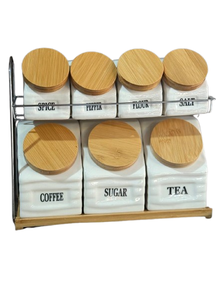 Набор банок фарфоровых A-PLUS 6731 на металлической подставке бамбуковые крышки 8 предметов Белый (2762704921)