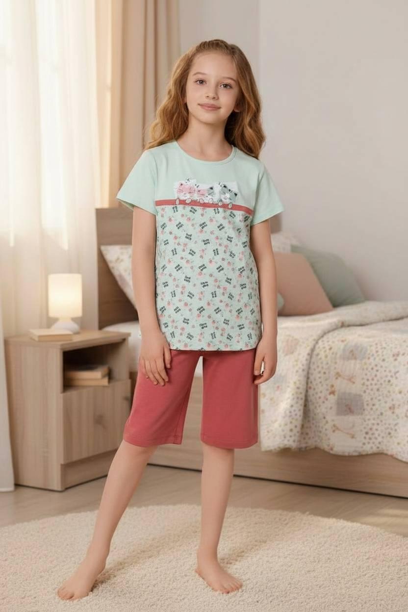 Пижама для девочки хлопковая BAYKAR Котенок р.4 104-110 см 4-5 лет Мятный (9220-284)