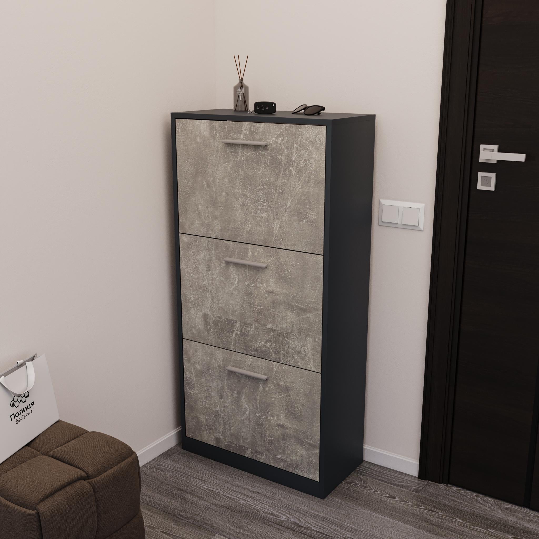 Тумба для обуви на 3 выдвижных ящика 590х1200х280 мм Антрацит/Бетон (ST-21)