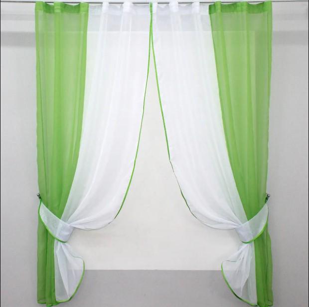 Шторы кухонные с подвязками шифон 265х170 см Темно-салатовый/Белый (017к)
