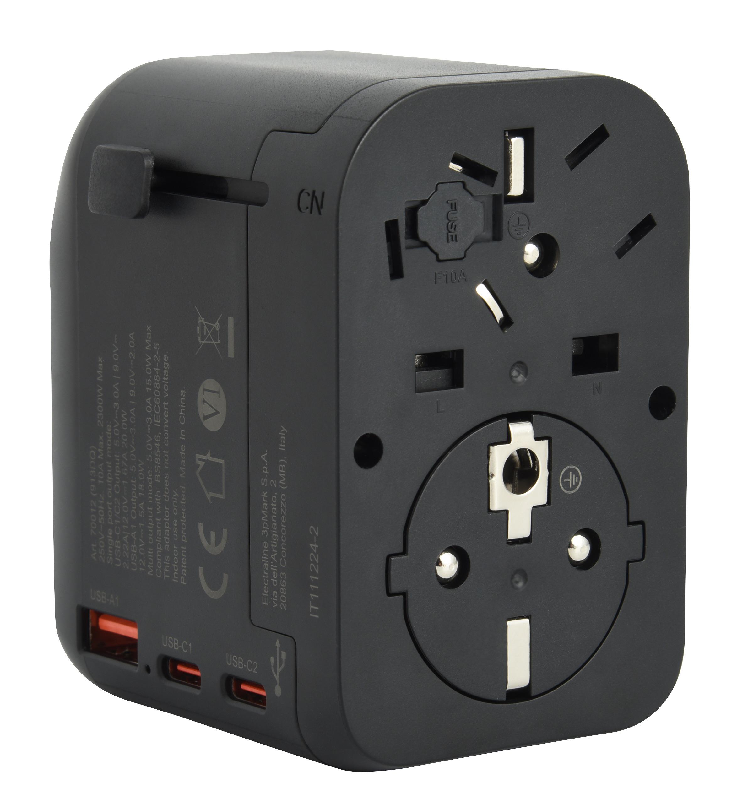 Адаптер подорожній Electraline 16A 2хUSB-C PD 20 Вт /1хUSB-A 18 Вт Чорний - фото 5 Адаптер подорожній Electraline 16A 2хUSB-C PD 20 Вт /1хUSB-A 18 Вт Чорний - фото 5