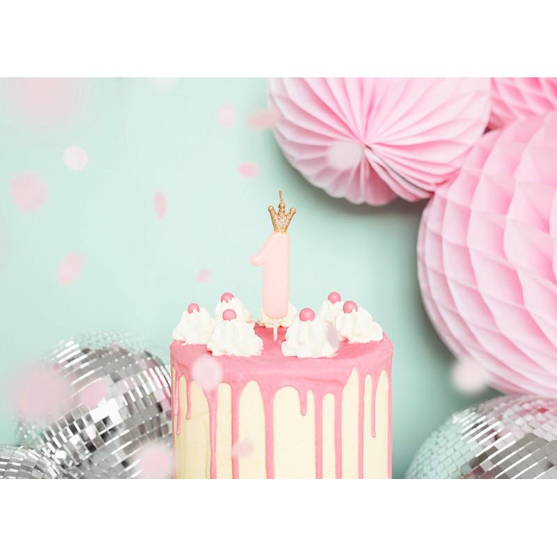 Свеча для торта Partydeco 1 с короной 9,5 см Розовый (5900779171695) - фото 3