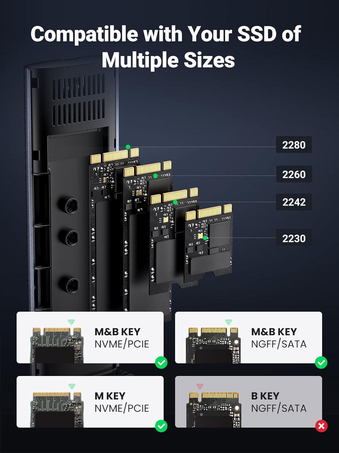 Корпус UGREEN для M.2 NVME и SATA SSD дисков 10 Гбит/с с USB-C кабелем M и B&M 2280/2230/2242/2260 для PCI-e и NGFF Серый (15509) - фото 2
