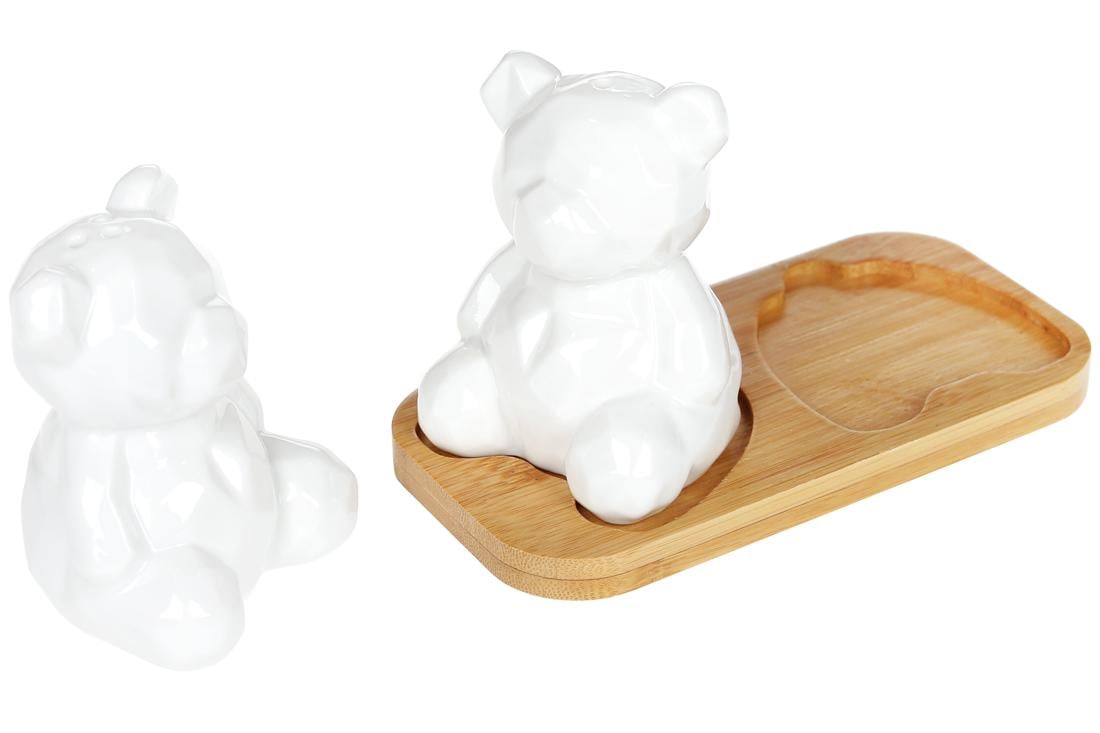 Фарфоровый набор для специй соль/перец Мишутка на бамбуковой подставке Белый - фото 2