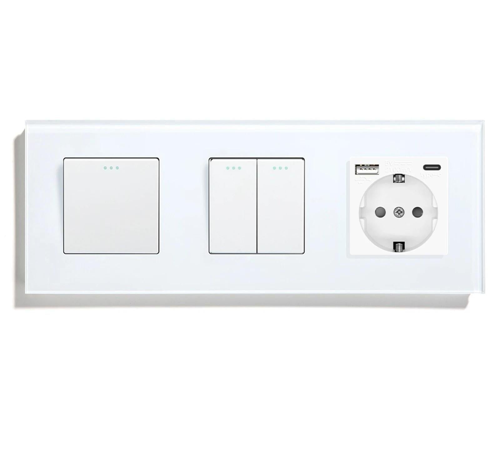 Выключатель перекрестный LUXION 3-клавишный 1-2 с розеткой USB A+C 20Вт с заземлением 16А 230 В Белый