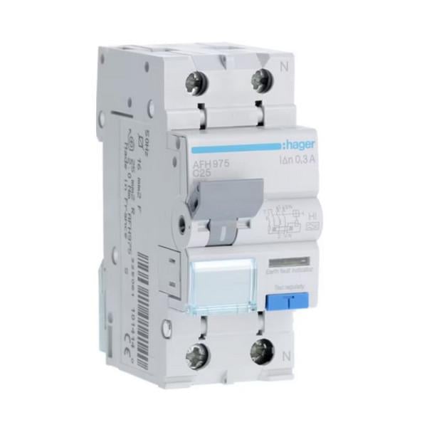 Дифавтомат Hager 2 полюса 6kA тип C 25A 300mA тип HI AFH975 (74354)