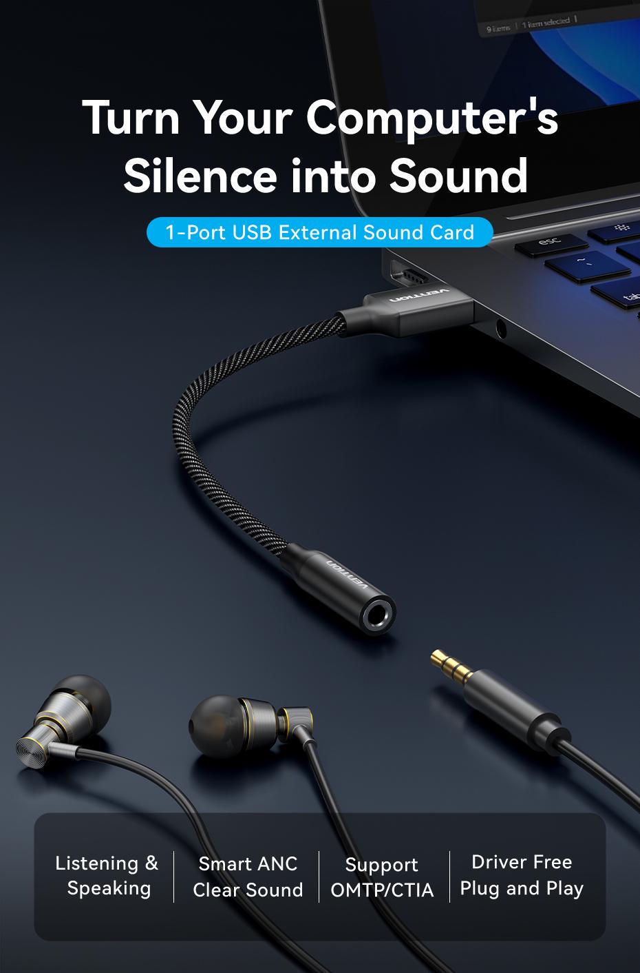 Зовнішня звукова карта Vention USB 1 м звук 96кГц/24біт OMTP/CTIA шумозаглушення DSP алюмінієвий Чорний (CVEBF) - фото 2