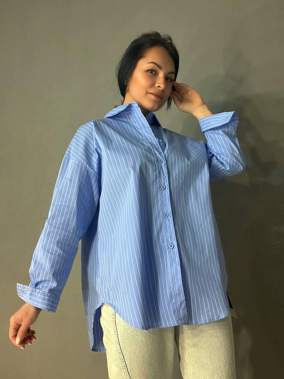 Рубашка женская A-N 25130 полоска оверсайз удлиненная широкая OS Голубой (3574) - фото 8 Рубашка женская A-N 25130 полоска оверсайз удлиненная широкая OS Голубой (3574) - фото 8