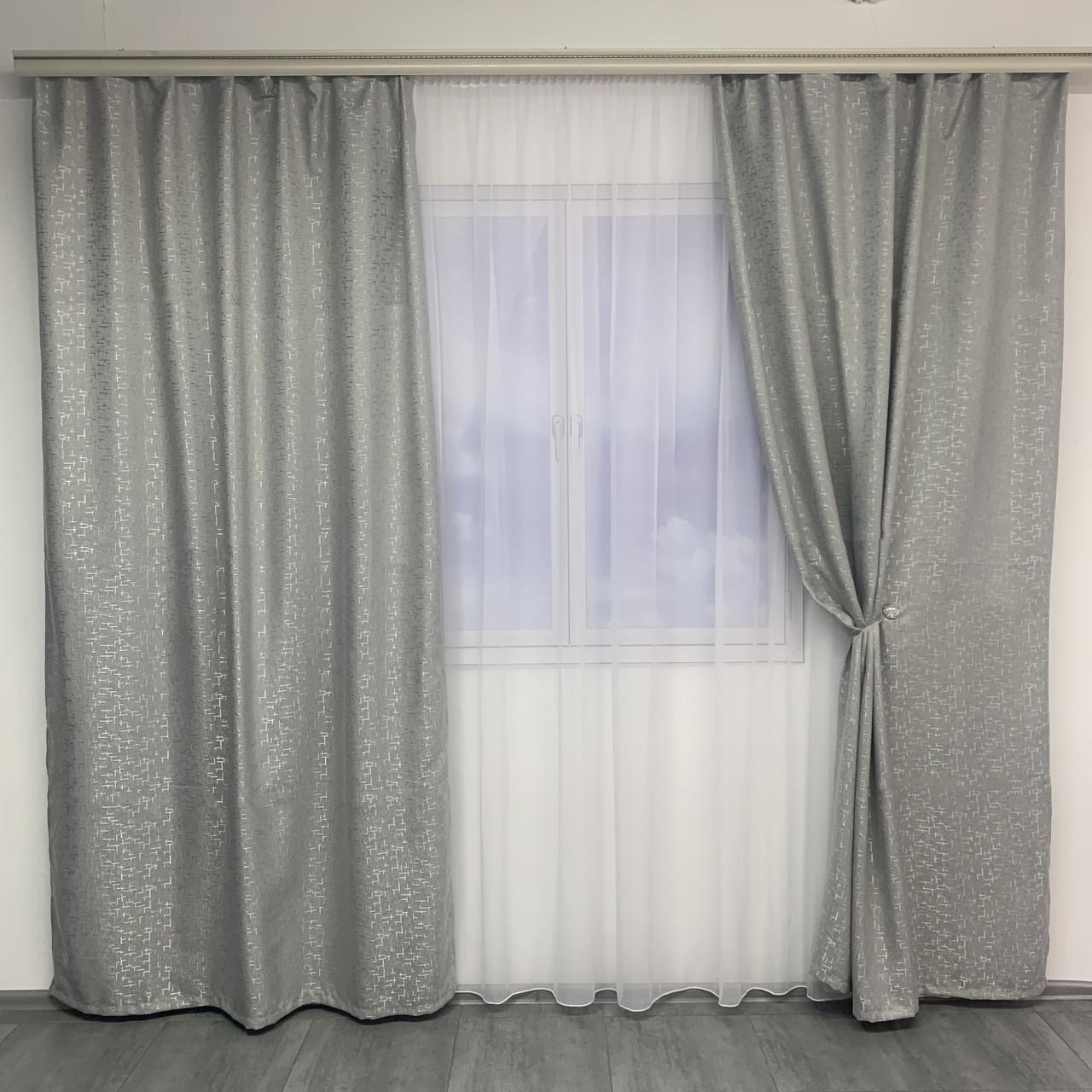 Шторы готовые Мрамор льняные блэкаут с шифоновым тюлем Темно-серый