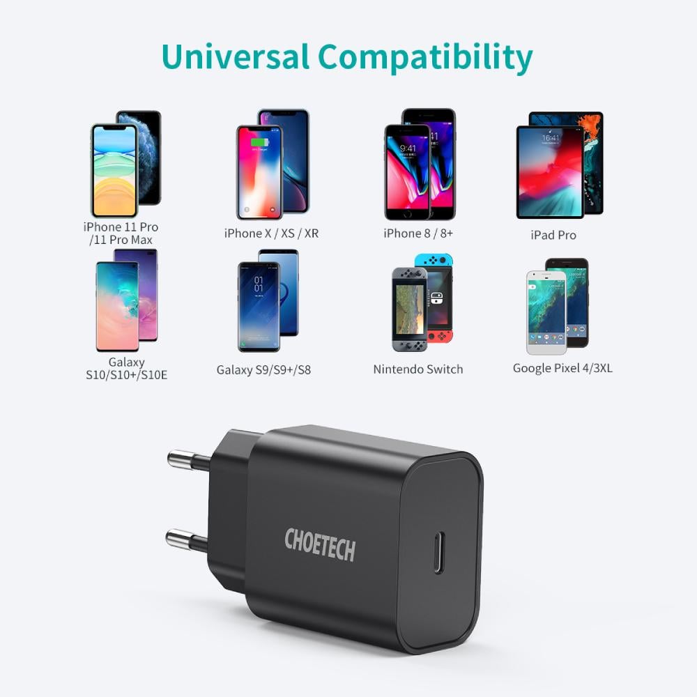 Зарядное устройство для Choetech 20W 1xType-C PD matte wall Charger 5V 3A Black (Q5004-EU-BK) - фото 6