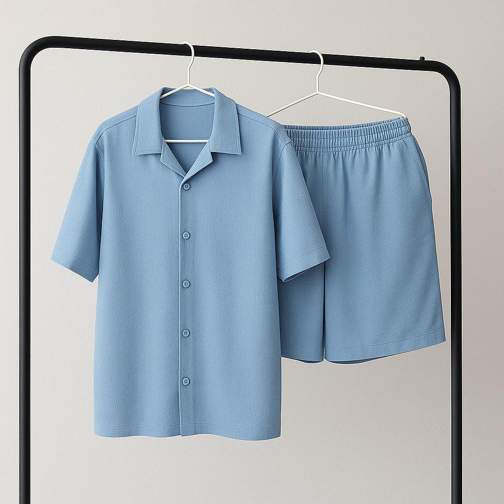 Комплект мужской летний льняной жатка M Голубой (24877/3/2)