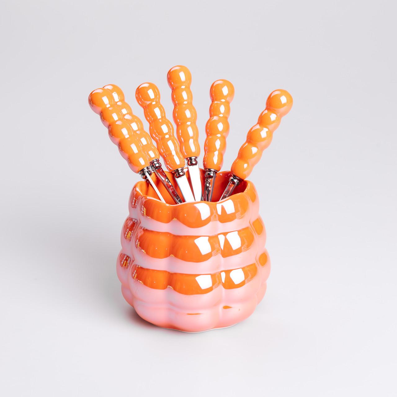 Набір десертних виделок та ложок з керамічними ручками та підставкою для 3 персон 7 приладів Помаранчевий - фото 3 Набір десертних виделок та ложок з керамічними ручками та підставкою для 3 персон 7 приладів Помаранчевий - фото 3