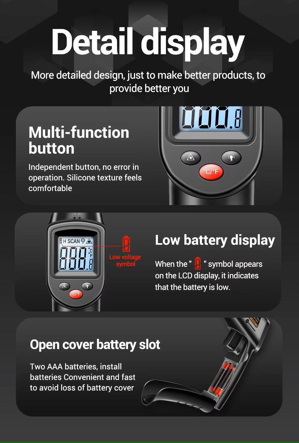 Термометр безконтактний цифровий ANENG від -50 до +400°C з лазерним покажчиком Aneng TH201 2 батареї (96031091) - фото 11 Термометр безконтактний цифровий ANENG від -50 до +400°C з лазерним покажчиком Aneng TH201 2 батареї (96031091) - фото 11