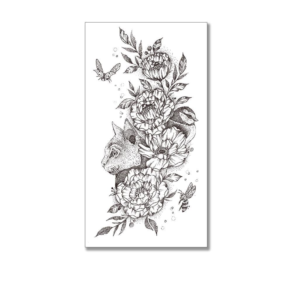 Тату тимчасове водостійке 3D велике Квіти та кіт XQB-349 19.5х9 см (4506409)