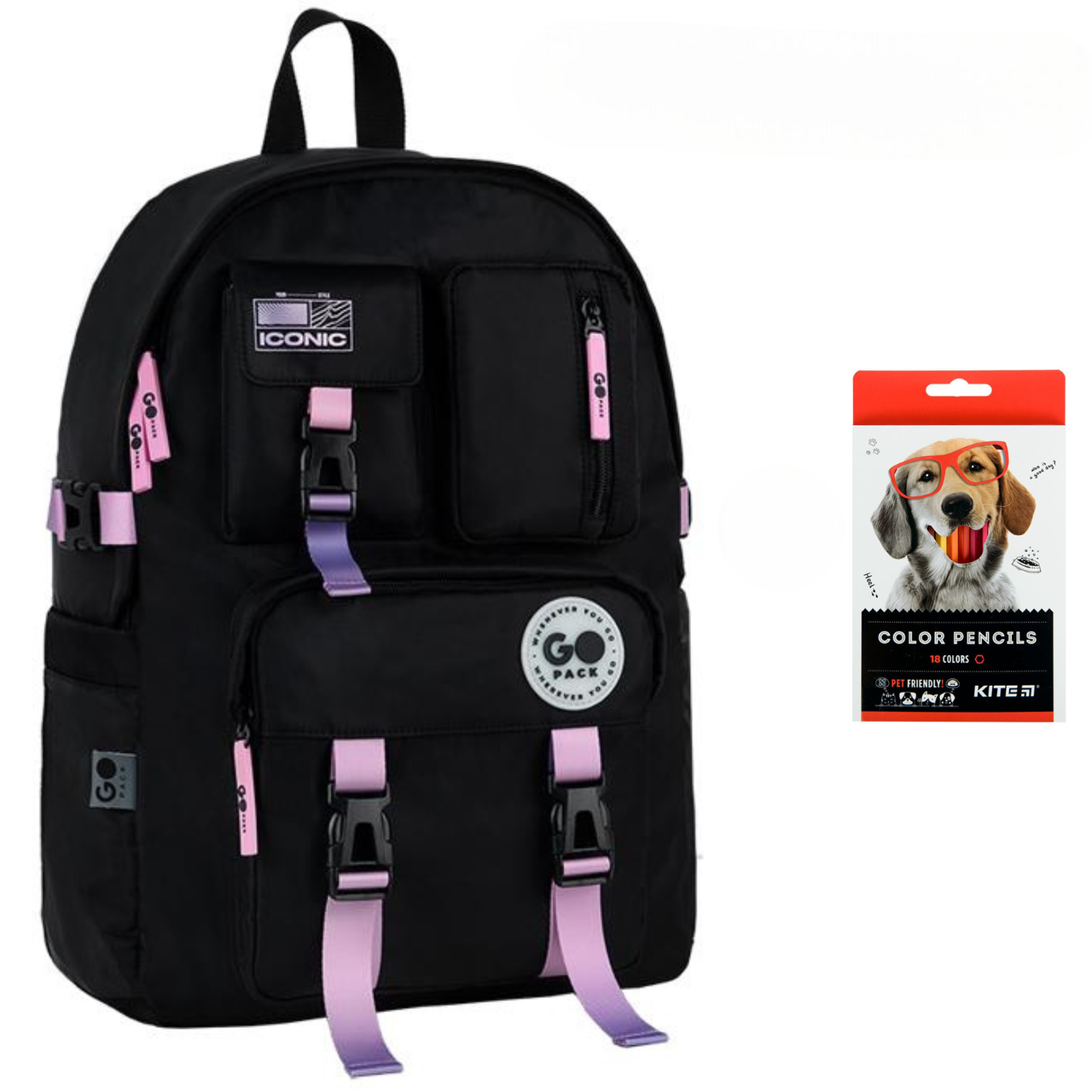 Рюкзак школьный GoPack Education Teens GO26-2500L-2 и карандаши KITE 18 цветов Черный градиент (2905030967)