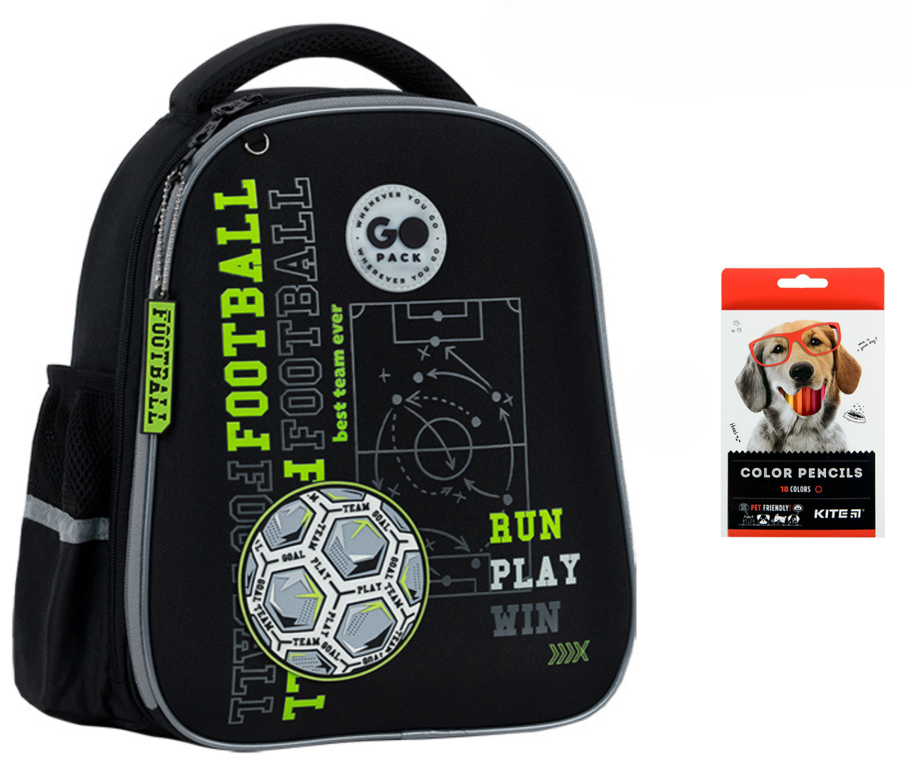 Рюкзак школьный полукаркасный GoPack Education GO26-165S-4 Football Fun и карандаши KITE 18 цветов (2905030973)