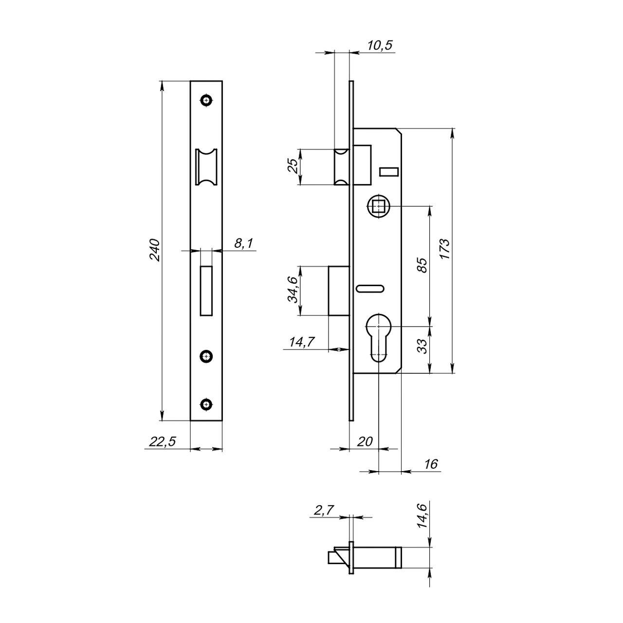 Корпус вузькопрофільного замка із засувкою Fuaro PROF153-20/85 153-20/85 CP Хром - фото 2