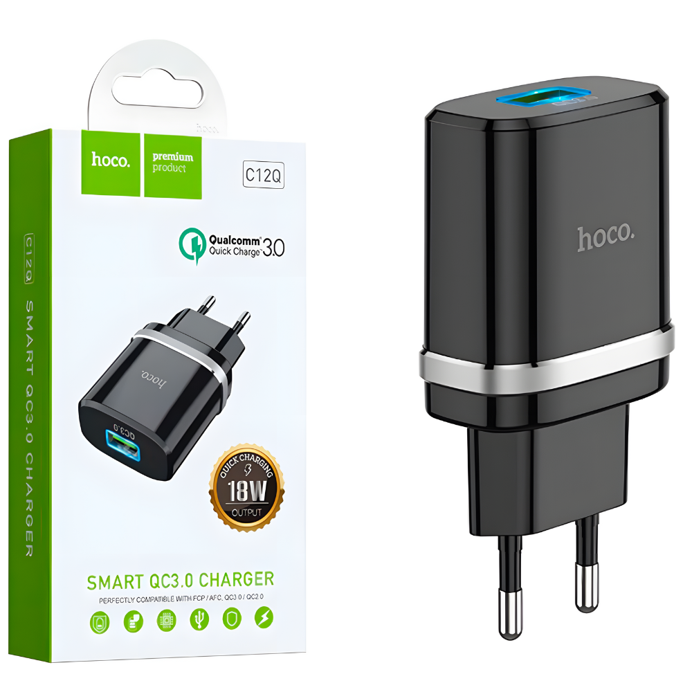 Зарядний пристрій для телефону Hoco мережевий USB 18W Чорний (C12Q) Зарядний пристрій для телефону Hoco мережевий USB 18W Чорний (C12Q)