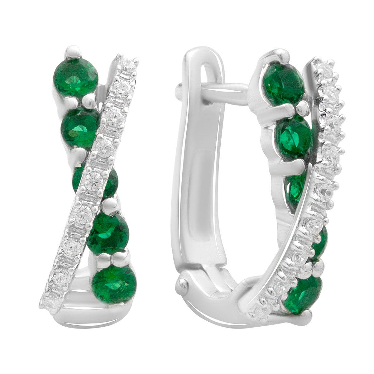 Серьги серебряные с круглыми вставками изумруда nano и прозрачными фианитами в форме перекрещенных линий Серьги серебряные с круглыми вставками изумруда nano и прозрачными фианитами в форме перекрещенных линий