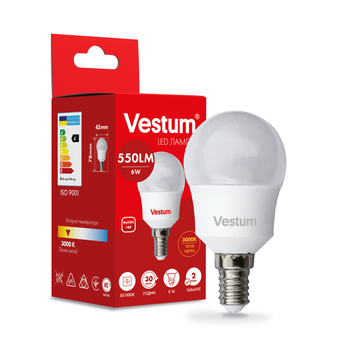 Светодиодная лампа Vestum G45 6W 3000K 220V E14 (1-VS-1204)