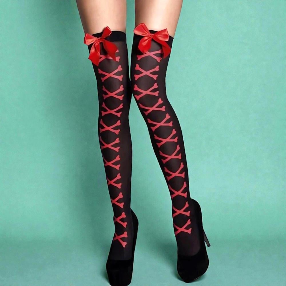 Чулки женские нейлоновые до колена с принтом костей и бантом Черный/Красный (27-DK1-3172)