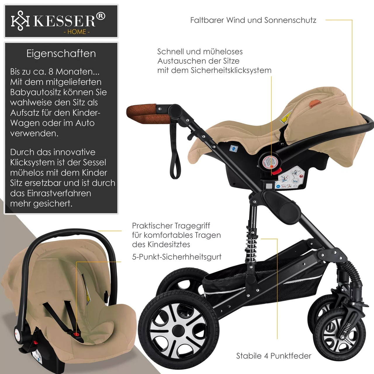 Коляска дитяча з автокріслом KESSER 3в1 94x64x119 см Бежевий/Чорний - фото 3