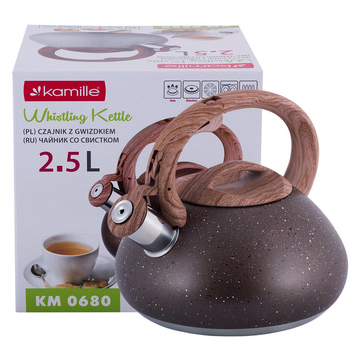 Чайник Kamille 2,5 л из нержавеющей стали со свистком Коричневый KM-0680KR