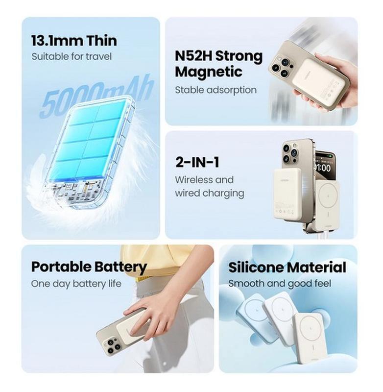 Повербанк магнитный Magsafe Ugreen PB560 5000 mAh 15 Вт с беспроводной зарядкой для iPhone Бежевый (26389506) - фото 8