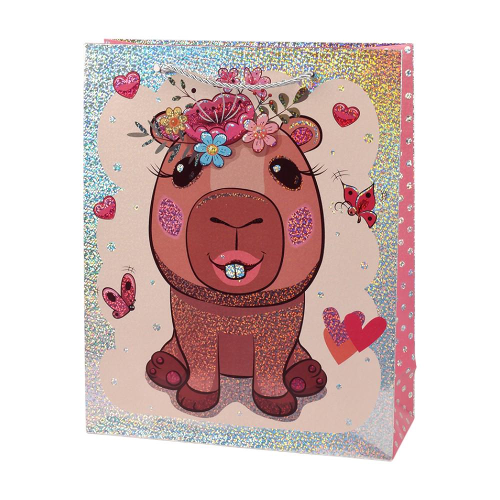 Подарунковий пакет Capybara R34623-M 26х32х10 см Бежевий з рожевим Подарунковий пакет Capybara R34623-M 26х32х10 см Бежевий з рожевим