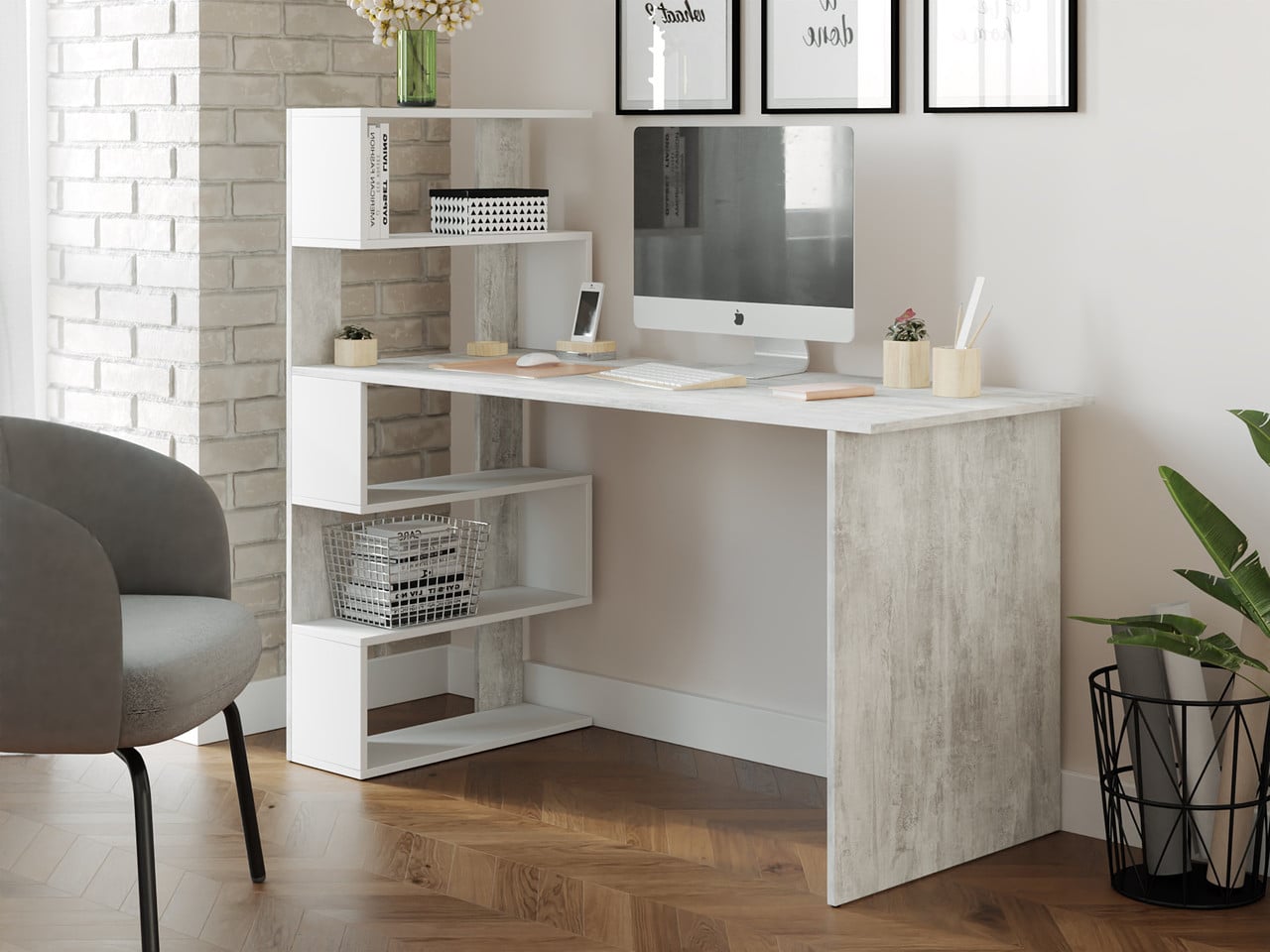 Компьютерный стол Moreli Roland 1416x1226x600 мм Бетон/Белый (61ea887affd729102b419555)